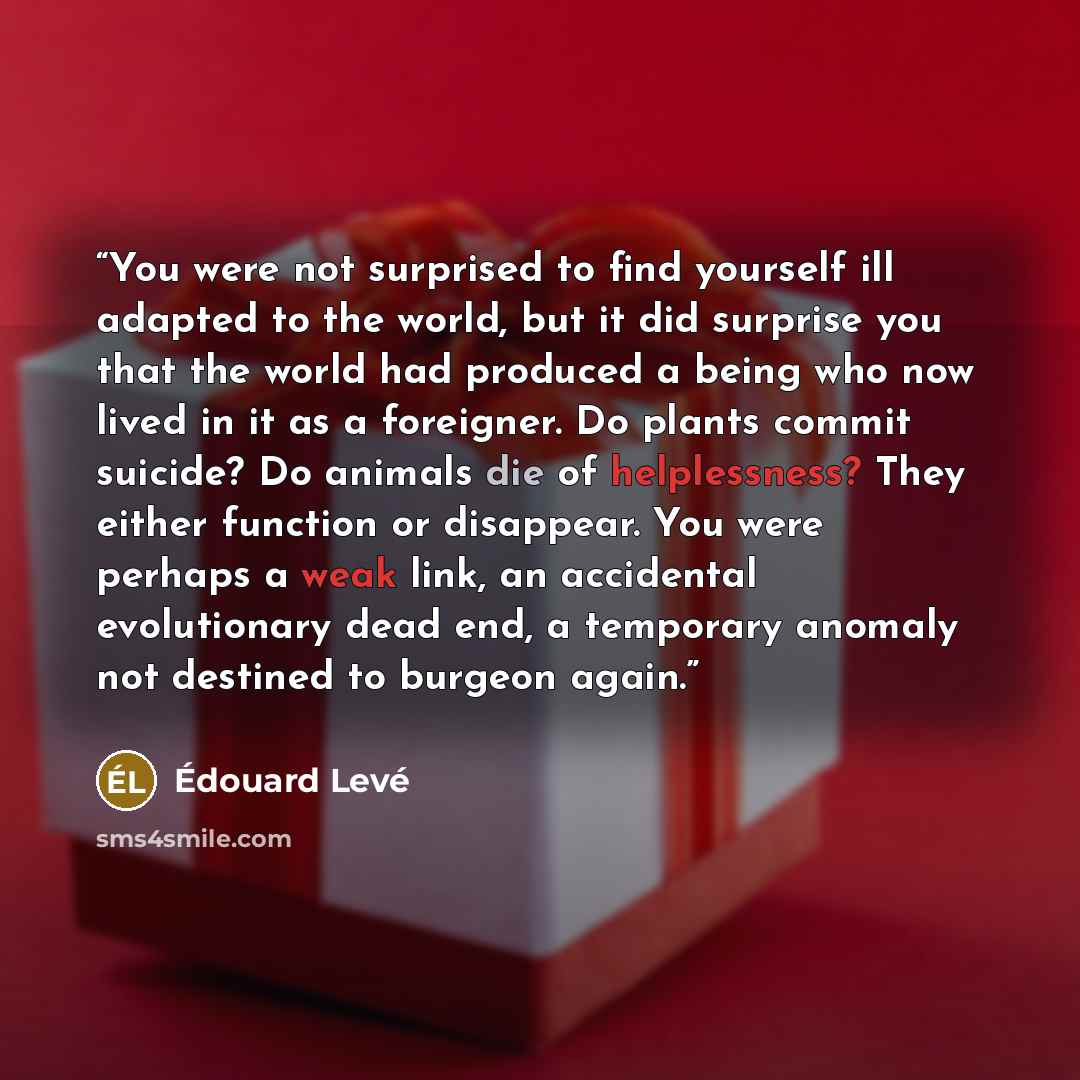“You were not surprised to find yourself ill adapted to the world, but it did surprise you that the world had produced a being who now lived in it as a foreigner. Do plants commit suicide? Do animals die of helplessness? They either function or disappear. You were perhaps a weak link, an accidental…” quote by Edouard Levé