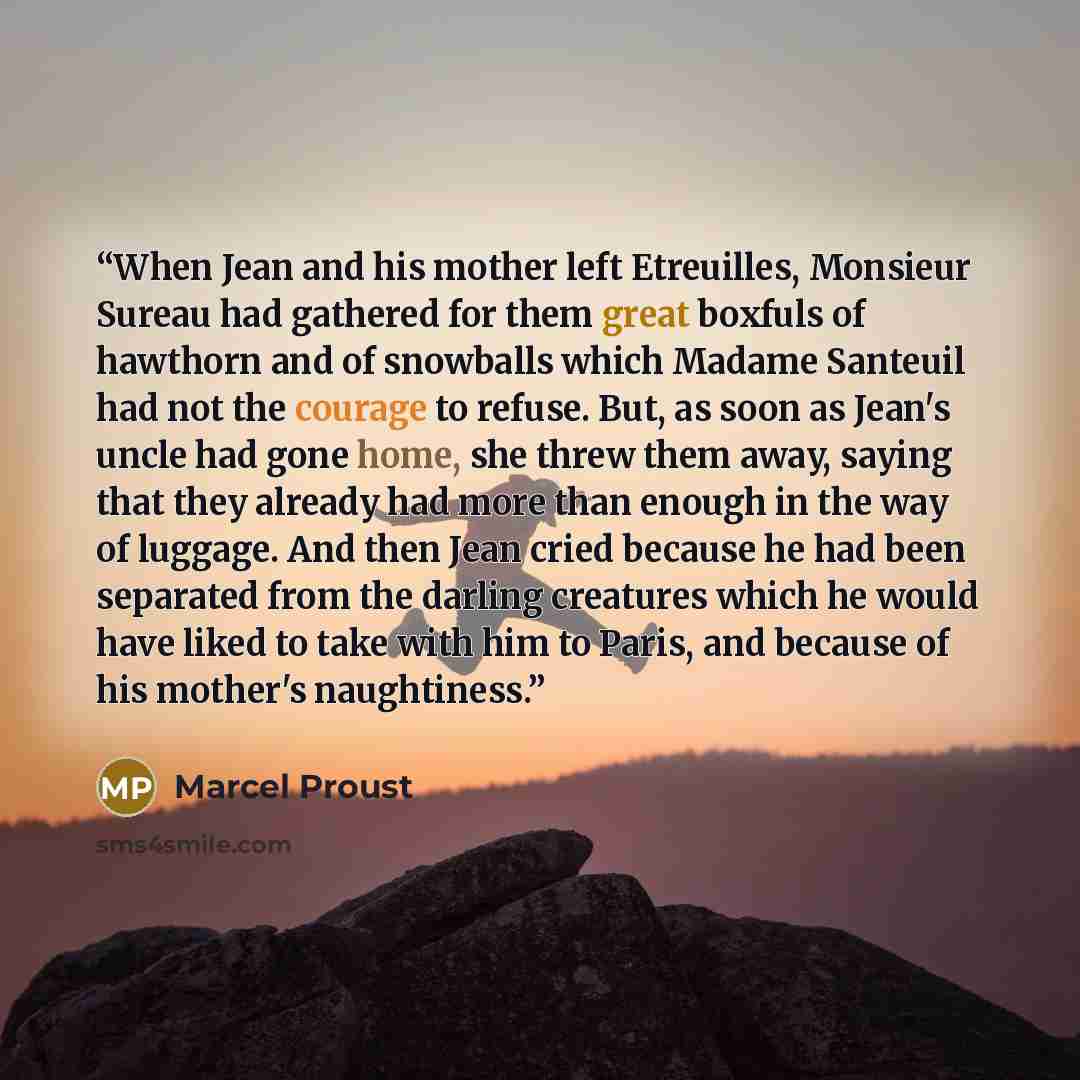 “When Jean and his mother left Etreuilles, Monsieur Sureau had gathered for them great boxfuls of hawthorn and of snowballs which Madame Santeuil had not the courage to refuse. But, as soon as Jean's uncle had gone home, she threw them away, saying that they already had more than enough in the way…” quote by Marcel Proust