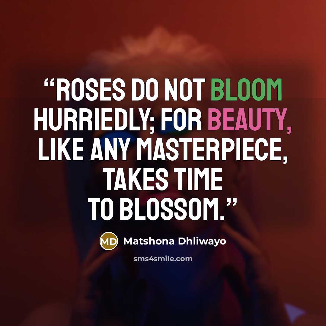 “Roses do not bloom hurriedly; for beauty, like any masterpiece, takes time to blossom.” quote by Matshona Dhliwayo