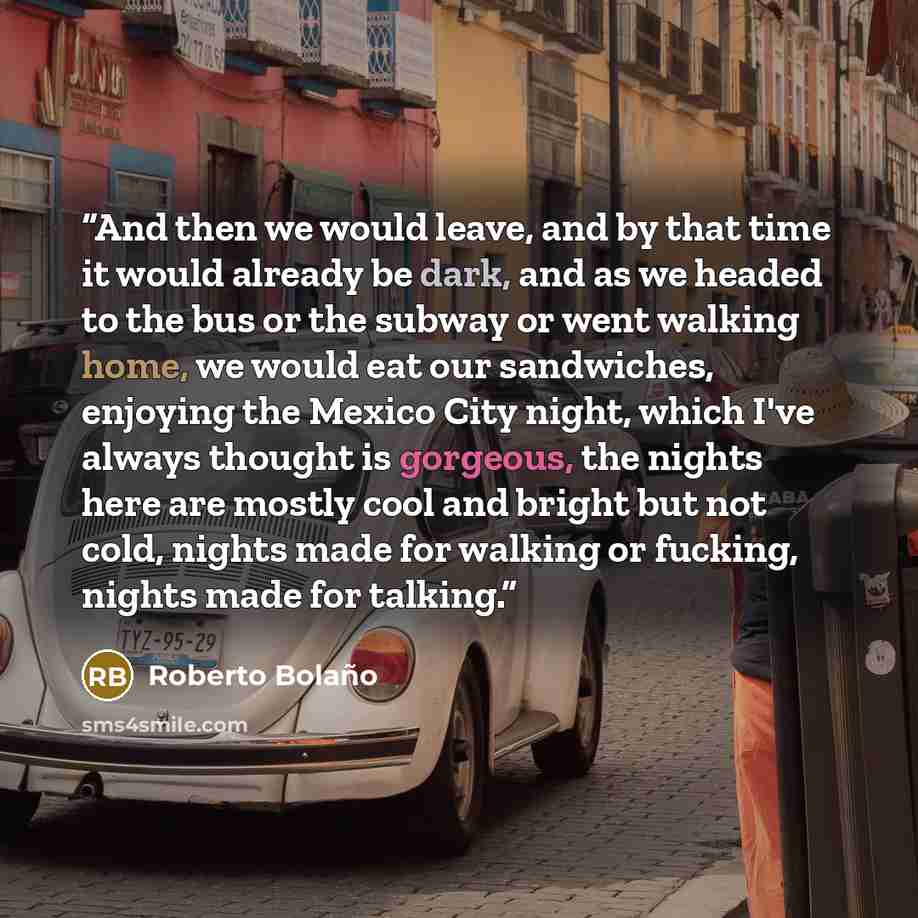 “And then we would leave, and by that time it would already be dark, and as we headed to the bus or the subway or went walking home, we would eat our sandwiches, enjoying the Mexico City night, which I've always thought is gorgeous, the nights here are mostly cool and bright but not cold, nights…” quote by Roberto Bolaño