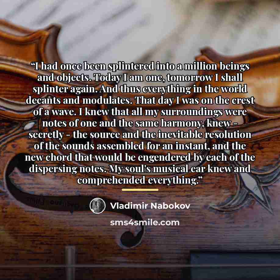 “I had once been splintered into a million beings and objects. Today I am one, tomorrow I shall splinter again. And thus everything in the world decants and modulates. That day I was on the crest of a wave. I knew that all my surroundings were notes of one and the same harmony, knew - secretly…” quote by Vladimir Nabokov