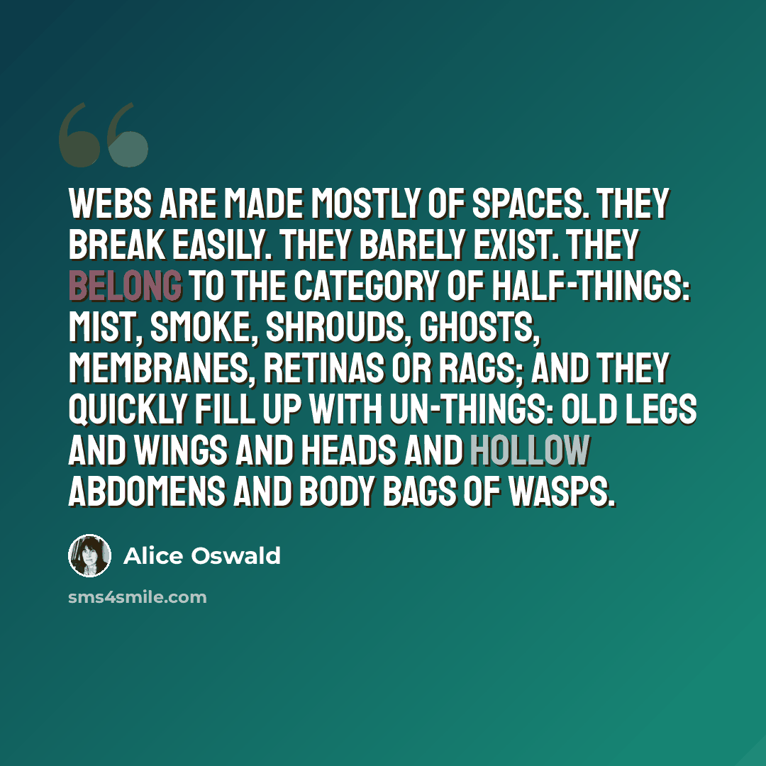 “Webs are made mostly of spaces. They break easily. They barely exist. They belong to the category of half-things: mist, smoke, shrouds, ghosts, membranes, retinas or rags; and they quickly fill up with un-things: old legs and wings and heads and hollow abdomens and body bags of wasps.” quote by Alice Oswald