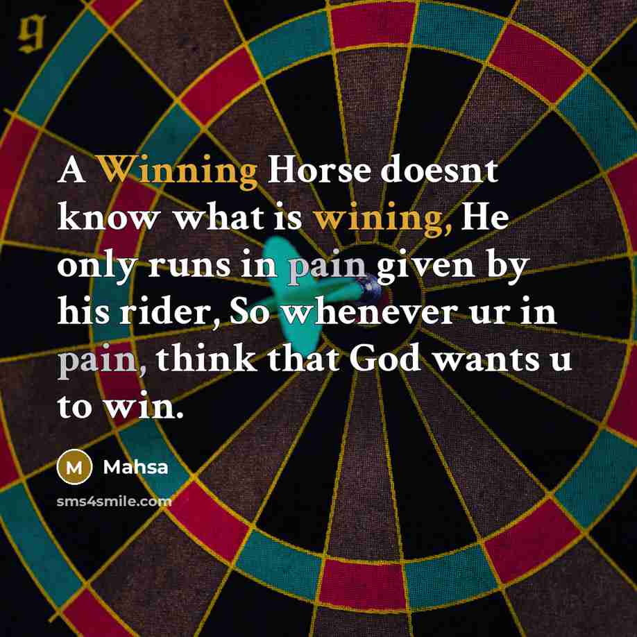 “A Winning Horse doesnt know what is wining, He only runs in pain given by his rider, So whenever ur in pain, think that God wants u to win.” quote by Mahsa