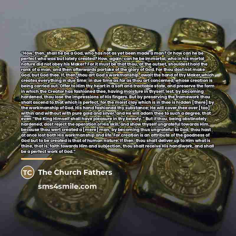 “How, then, shall he be a God, who has not as yet been made a man? Or how can he be perfect who was but lately created? How, again, can he be immortal, who in his mortal nature did not obey his Maker? For it must be that thou, at the outset, shouldest hold the rank of a man, and then afterwards…” quote by The Church Fathers