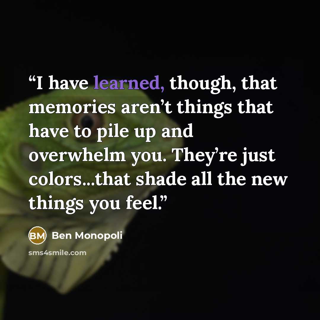 “I have learned, though, that memories aren’t things that have to pile up and overwhelm you. They’re just colors...that shade all the new things you feel.” quote by Ben Monopoli