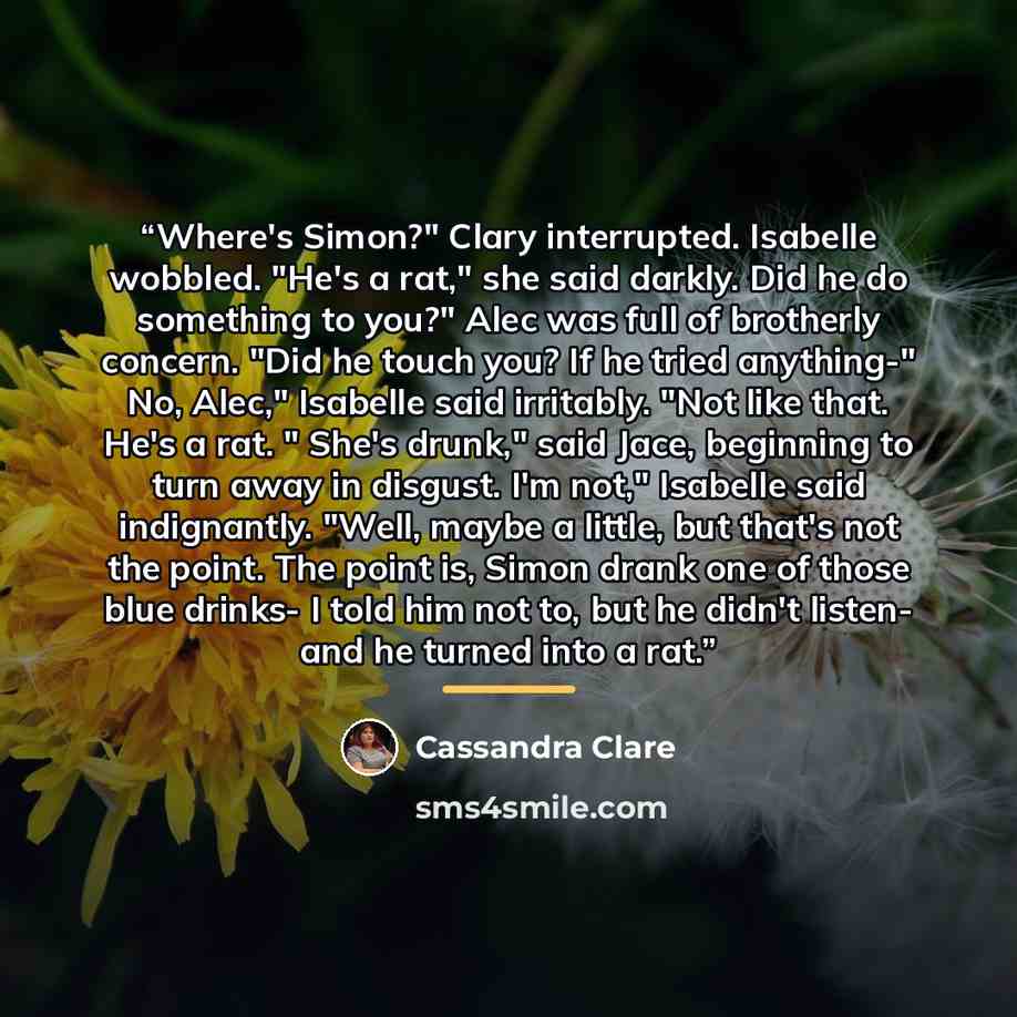 “Where's Simon?" Clary interrupted. Isabelle wobbled. "He's a rat," she said darkly. Did he do something to you?" Alec was full of brotherly concern. "Did he touch you? If he tried anything-" No, Alec," Isabelle said irritably. "Not like that. He's a rat. " She's drunk," said Jace, beginning to…” quote by Cassandra Clare