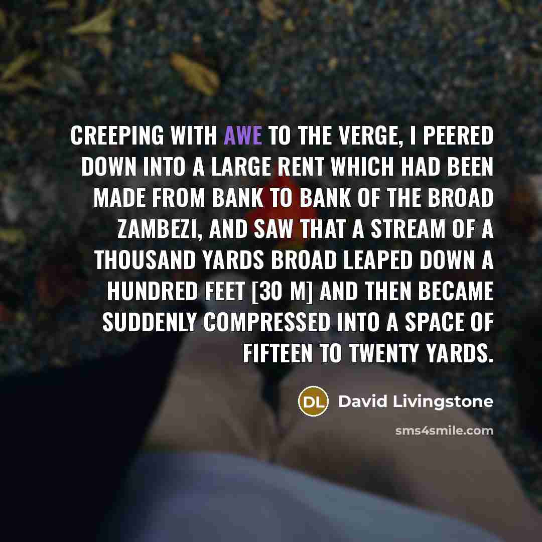 “Creeping with awe to the verge, I peered down into a large rent which had been made from bank to bank of the broad Zambezi, and saw that a stream of a thousand yards broad leaped down a hundred feet [30 m] and then became suddenly compressed into a space of fifteen to twenty yards.” quote by David Livingstone