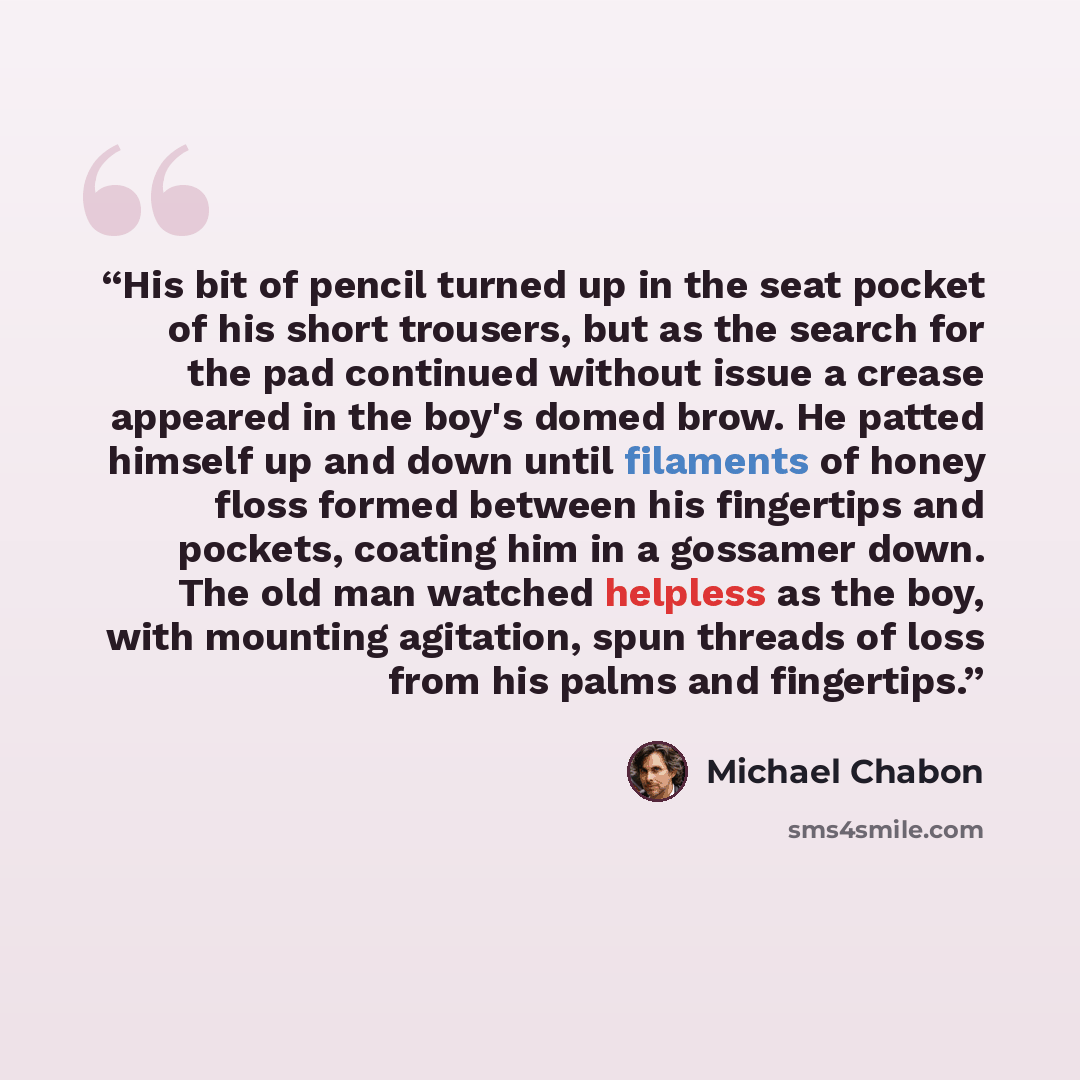“His bit of pencil turned up in the seat pocket of his short trousers, but as the search for the pad continued without issue a crease appeared in the boy's domed brow. He patted himself up and down until filaments of honey floss formed between his fingertips and pockets, coating him in a gossamer…” quote by Michael Chabon
