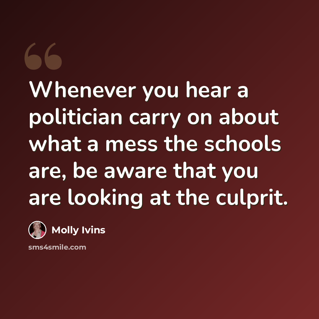 “Whenever you hear a politician carry on about what a mess the schools are, be aware that you are looking at the culprit.” quote by Molly Ivins