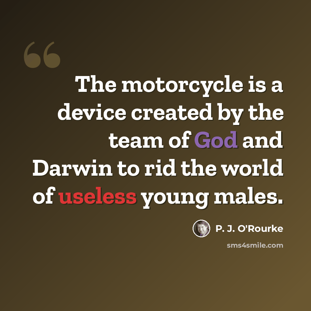“The motorcycle is a device created by the team of God and Darwin to rid the world of useless young males.” quote by P. J. O'Rourke