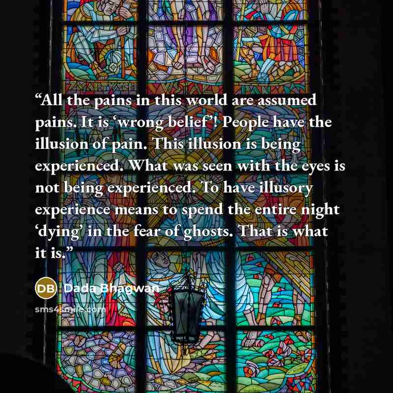 “All the pains in this world are assumed pains. It is ‘wrong belief’! People have the illusion of pain. This illusion is being experienced. What was seen with the eyes is not being experienced. To have illusory experience means to spend the entire night ‘dying’ in the fear of ghosts. That is what…” quote by Dada Bhagwan
