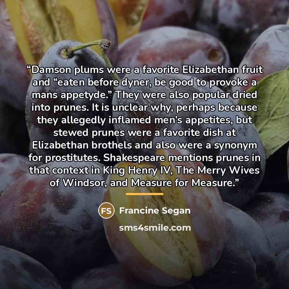 “Damson plums were a favorite Elizabethan fruit and “eaten before dyner, be good to provoke a mans appetyde.” They were also popular dried into prunes. It is unclear why, perhaps because they allegedly inflamed men’s appetites, but stewed prunes were a favorite dish at Elizabethan brothels and also…” quote by Francine Segan