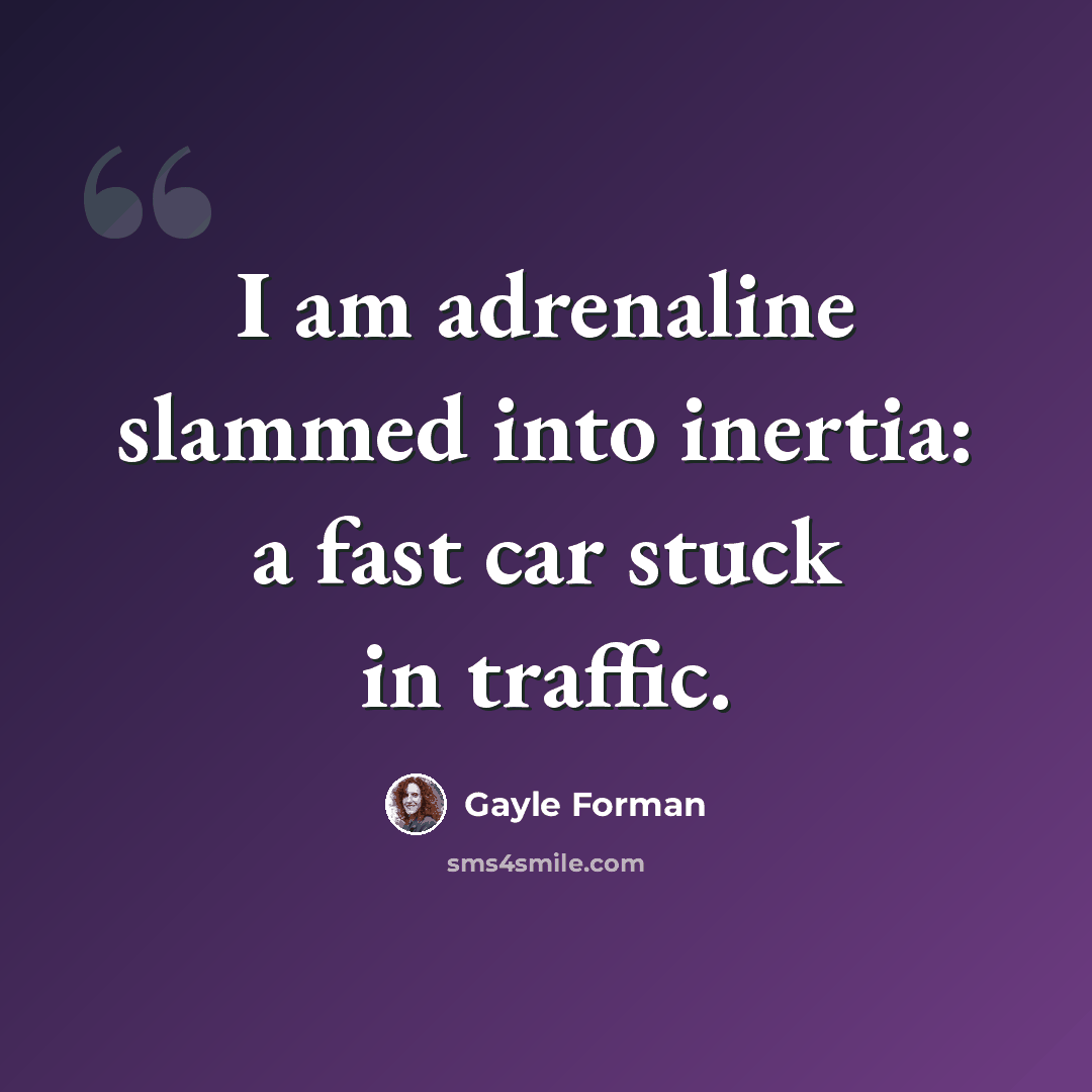 “I am adrenaline slammed into inertia: a fast car stuck in traffic.” quote by Gayle Forman