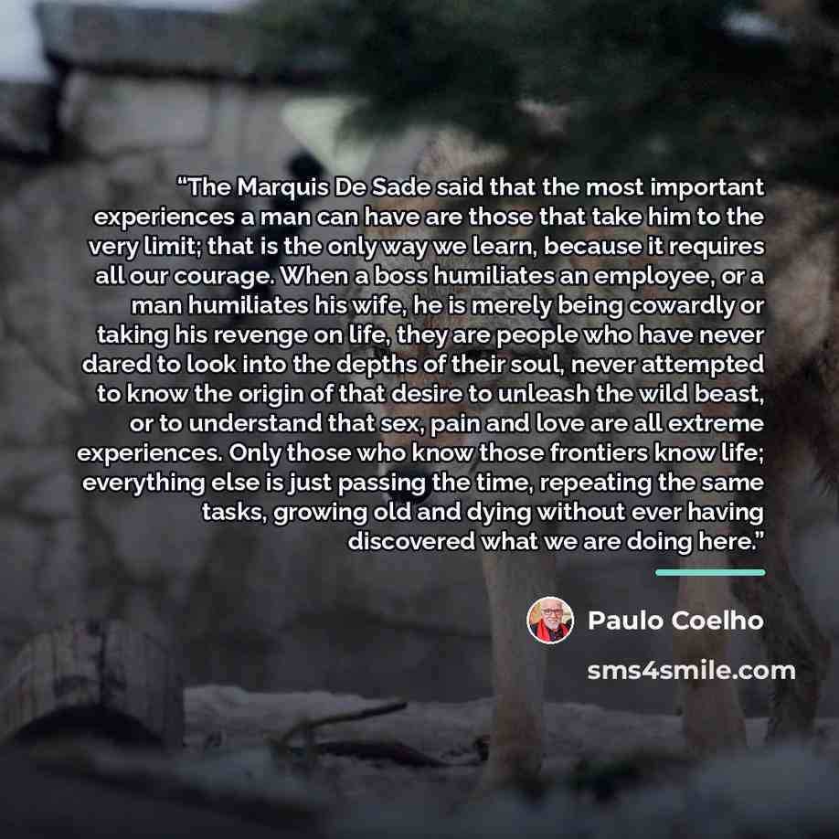 “The Marquis De Sade said that the most important experiences a man can have are those that take him to the very limit; that is the only way we learn, because it requires all our courage. When a boss humiliates an employee, or a man humiliates his wife, he is merely being cowardly or taking his…” quote by Paulo Coelho