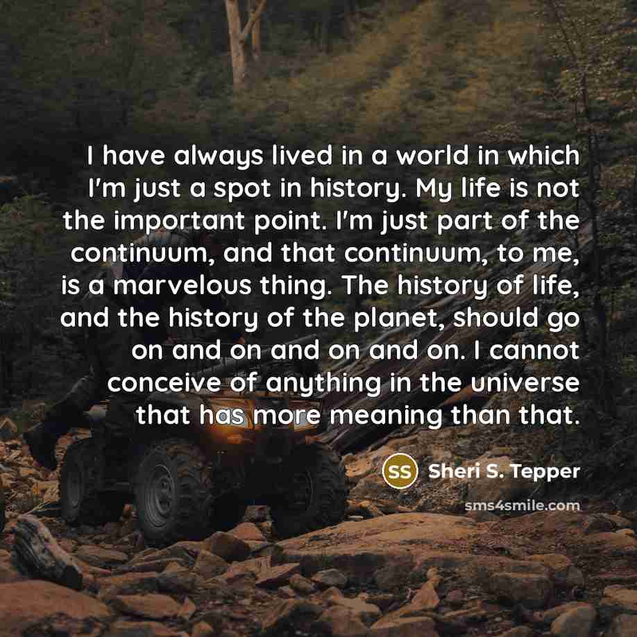 “I have always lived in a world in which I'm just a spot in history. My life is not the important point. I'm just part of the continuum, and that continuum, to me, is a marvelous thing. The history of life, and the history of the planet, should go on and on and on and on. I cannot conceive of…” quote by Sheri S. Tepper