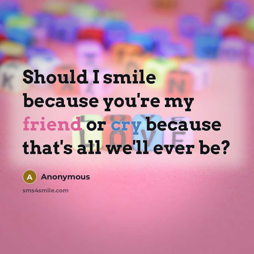 “Should I smile because you're my friend or cry because that's all we'll ever be?” quote by Anonymous