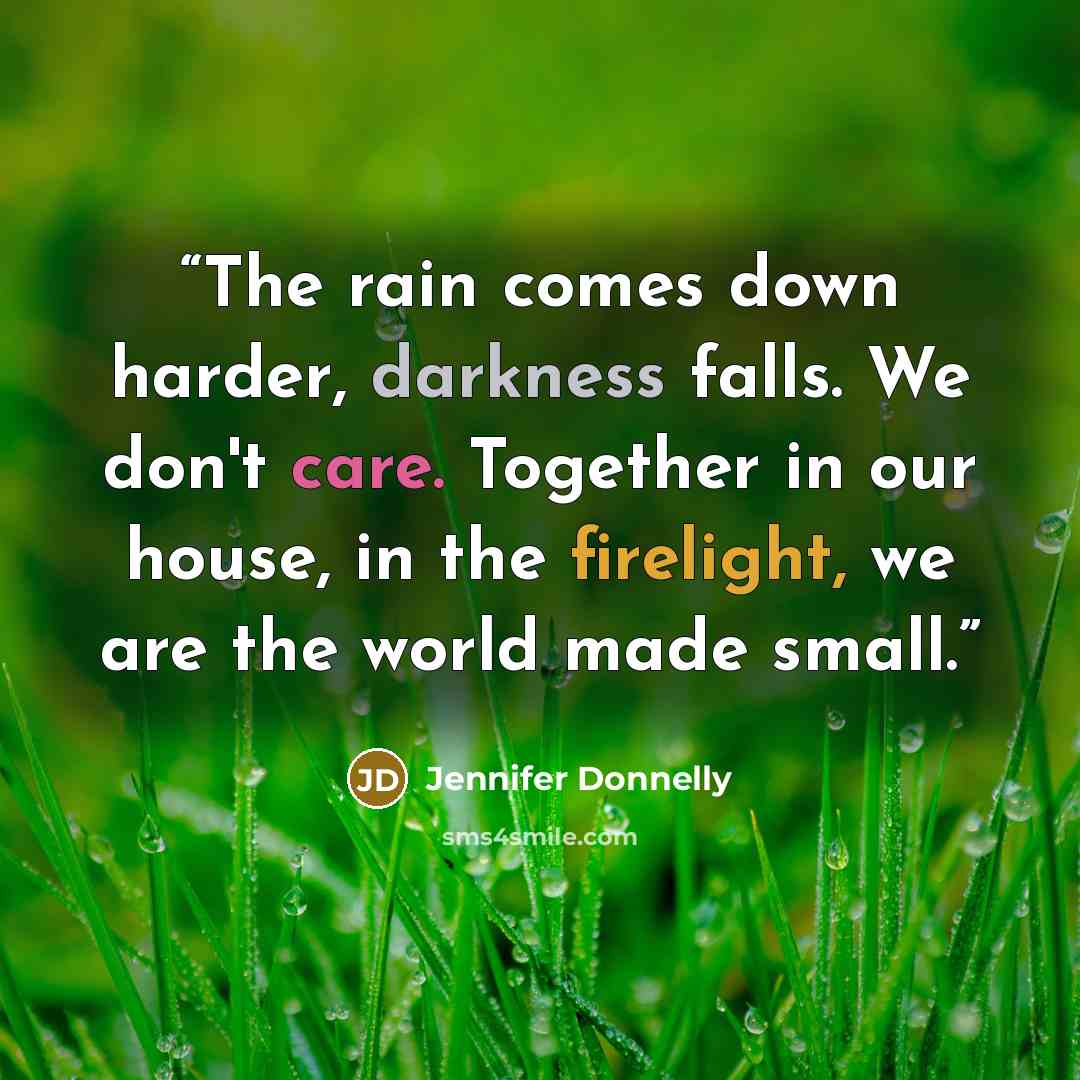 “The rain comes down harder, darkness falls. We don't care. Together in our house, in the firelight, we are the world made small.” quote by Jennifer Donnelly