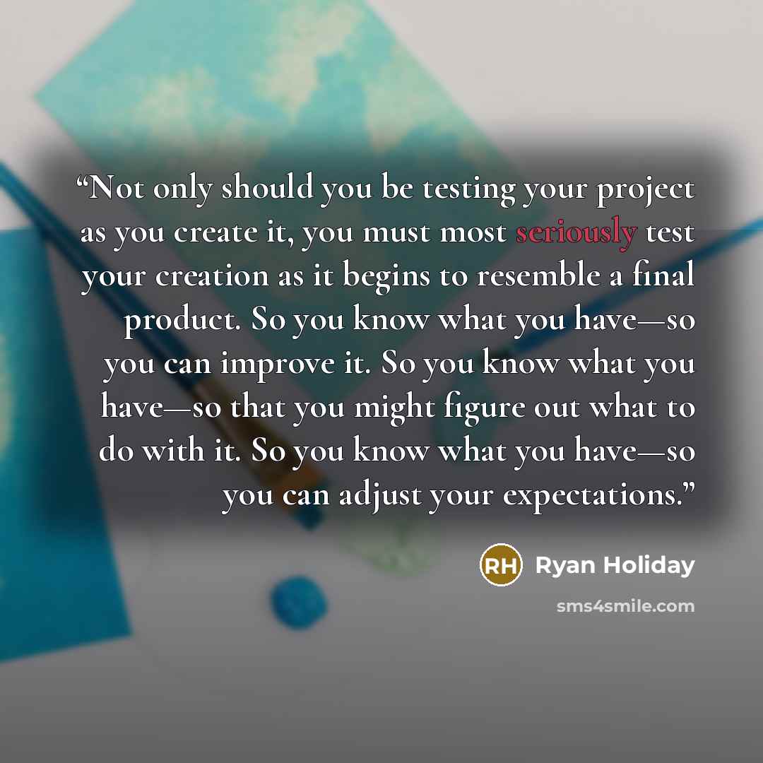 “Not only should you be testing your project as you create it, you must most seriously test your creation as it begins to resemble a final product. So you know what you have—so you can improve it. So you know what you have—so that you might figure out what to do with it. So you know what you…” quote by Ryan Holiday