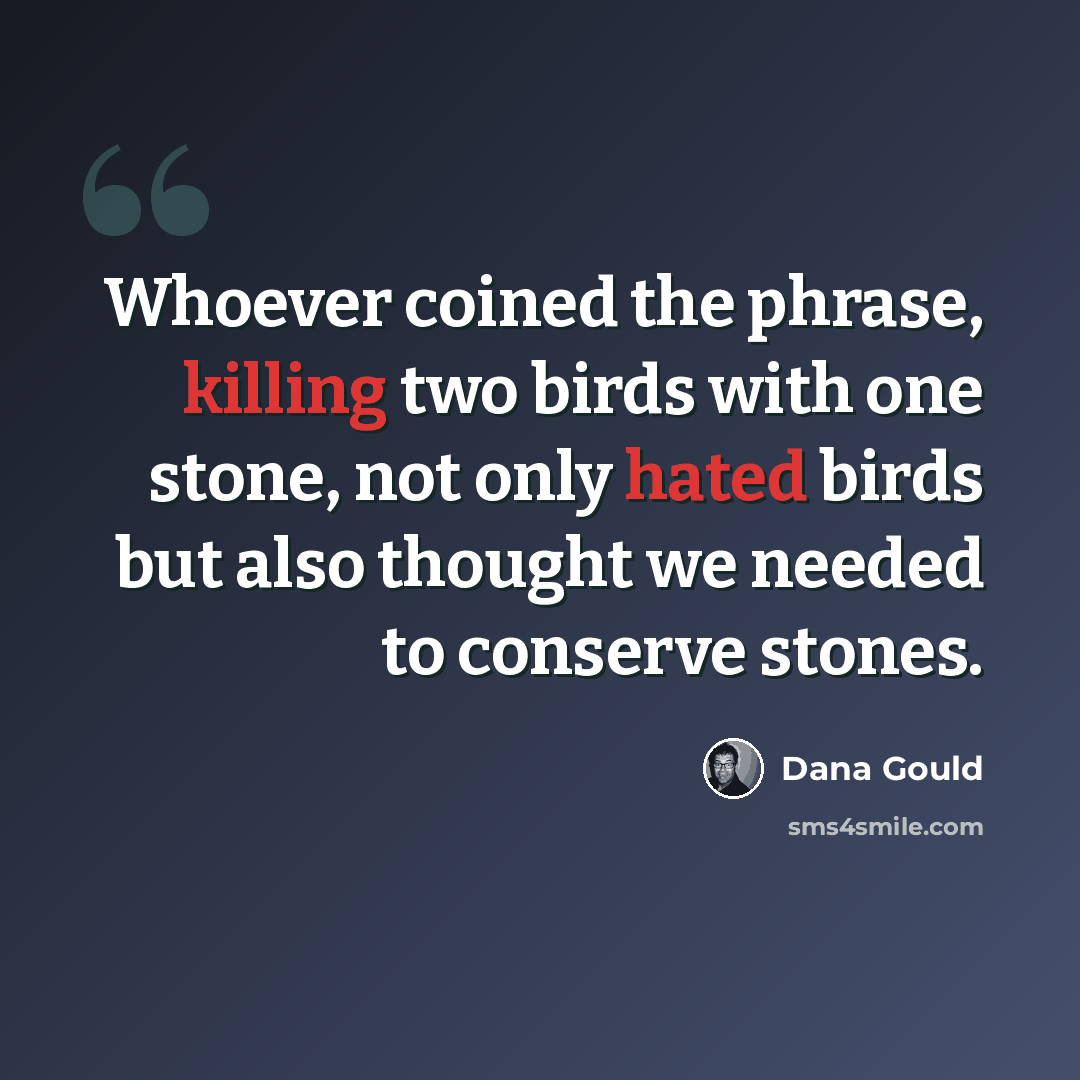 “Whoever coined the phrase, killing two birds with one stone, not only hated birds but also thought we needed to conserve stones.” quote by Dana Gould