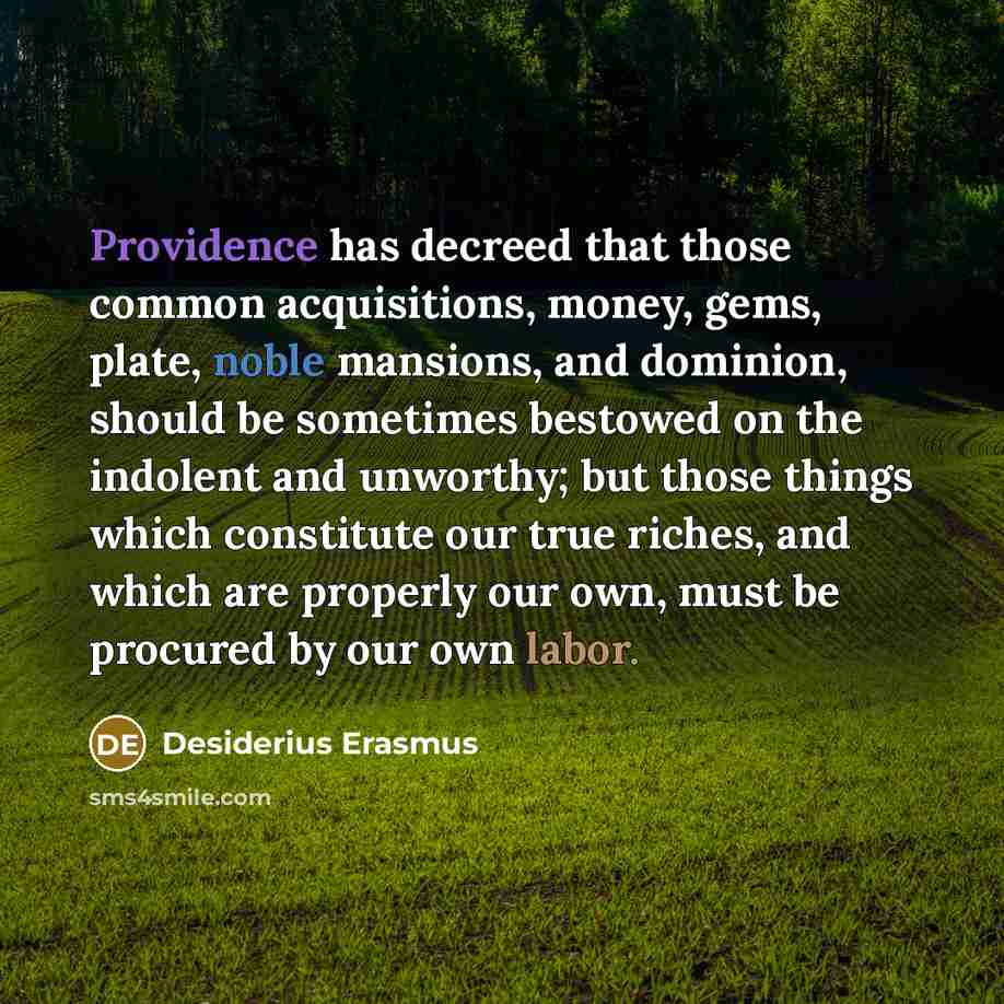 “Providence has decreed that those common acquisitions, money, gems, plate, noble mansions, and dominion, should be sometimes bestowed on the indolent and unworthy; but those things which constitute our true riches, and which are properly our own, must be procured by our own labor.” quote by Desiderius Erasmus