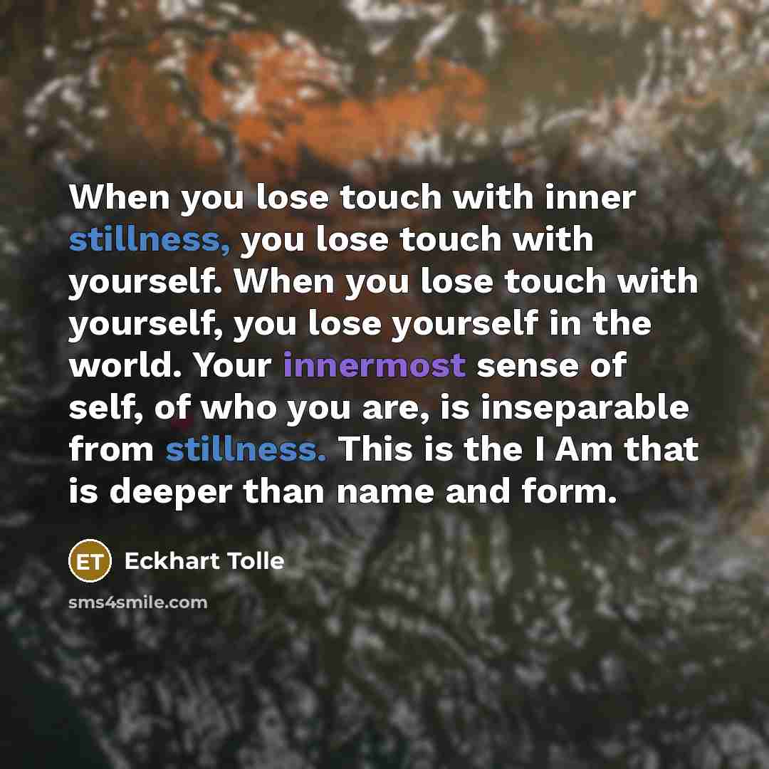 “When you lose touch with inner stillness, you lose touch with yourself. When you lose touch with yourself, you lose yourself in the world. Your innermost sense of self, of who you are, is inseparable from stillness. This is the I Am that is deeper than name and form.” quote by Eckhart Tolle