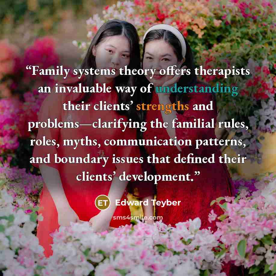 “Family systems theory offers therapists an invaluable way of understanding their clients’ strengths and problems—clarifying the familial rules, roles, myths, communication patterns, and boundary issues that defined their clients’ development.” quote by Edward Teyber