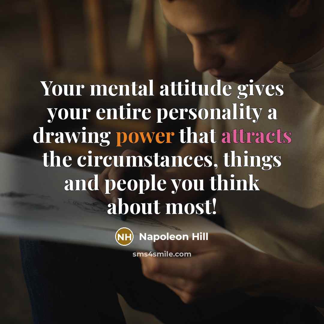 “Your mental attitude gives your entire personality a drawing power that attracts the circumstances, things and people you think about most!” quote by Napoleon Hill