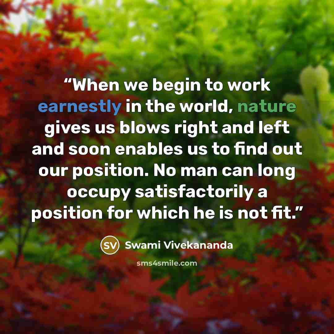 “When we begin to work earnestly in the world, nature gives us blows right and left and soon enables us to find out our position. No man can long occupy satisfactorily a position for which he is not fit.” quote by Swami Vivekananda