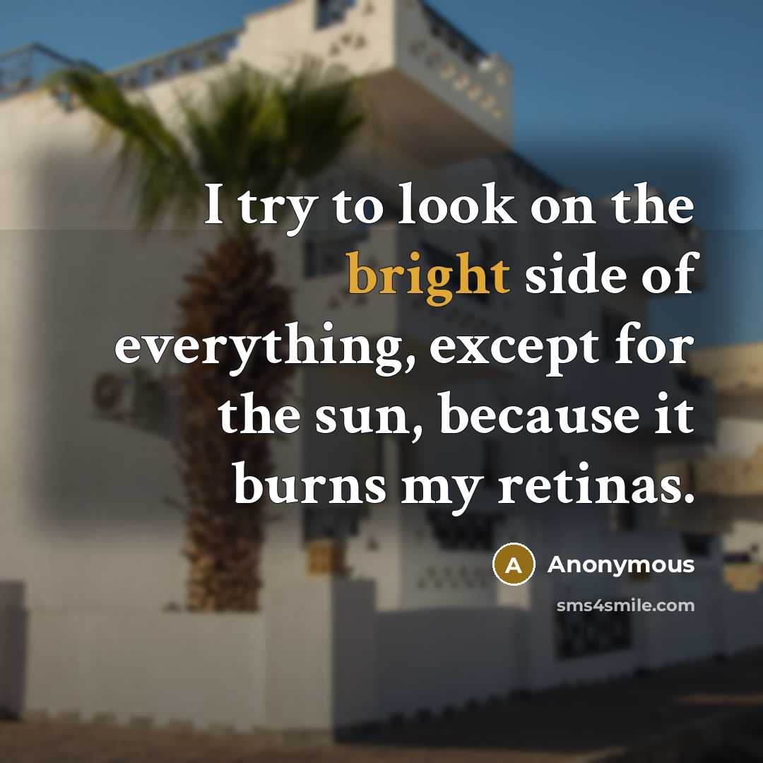 “I try to look on the bright side of everything, except for the sun, because it burns my retinas.” quote by Anonymous