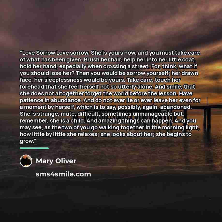 “Love Sorrow Love sorrow. She is yours now, and you must take care of what has been given. Brush her hair, help her into her little coat, hold her hand, especially when crossing a street. For, think, what if you should lose her? Then you would be sorrow yourself; her drawn face, her sleeplessness…” quote by Mary Oliver