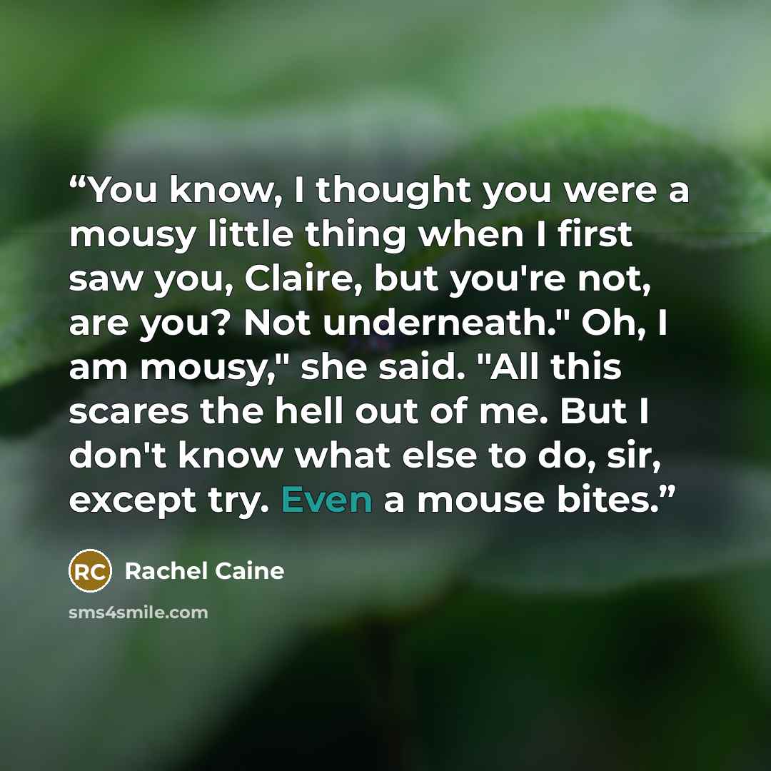 “You know, I thought you were a mousy little thing when I first saw you, Claire, but you're not, are you? Not underneath." Oh, I am mousy," she said. "All this scares the hell out of me. But I don't know what else to do, sir, except try. Even a mouse bites.” quote by Rachel Caine