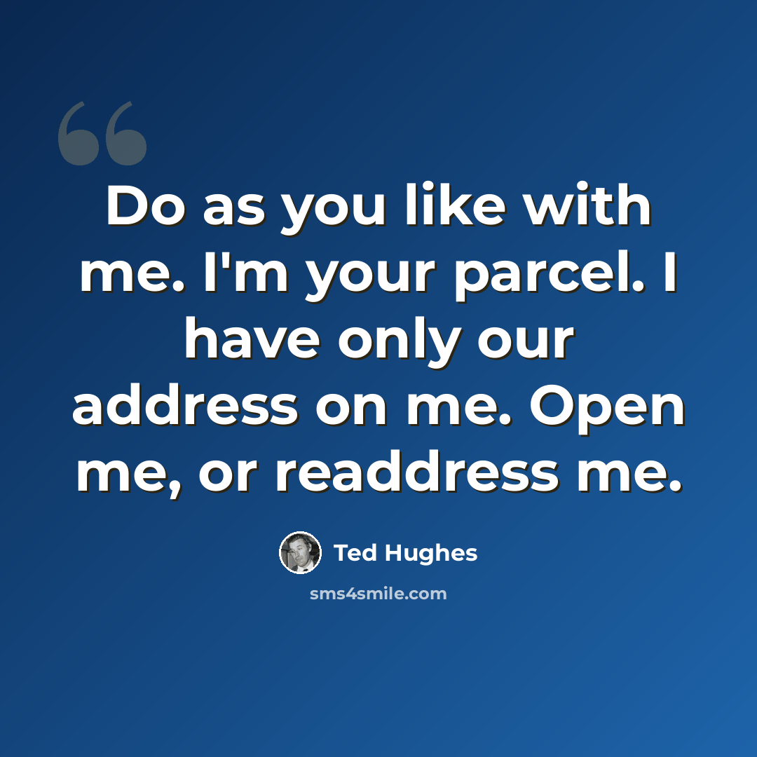 “Do as you like with me. I'm your parcel. I have only our address on me. Open me, or readdress me.” quote by Ted Hughes