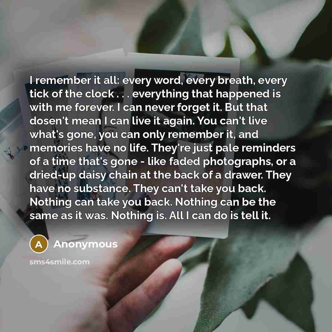 “I remember it all: every word, every breath, every tick of the clock . . . everything that happened is with me forever. I can never forget it. But that dosen't mean I can live it again. You can't live what's gone, you can only remember it, and memories have no life. They're just pale reminders of…” quote by Anonymous