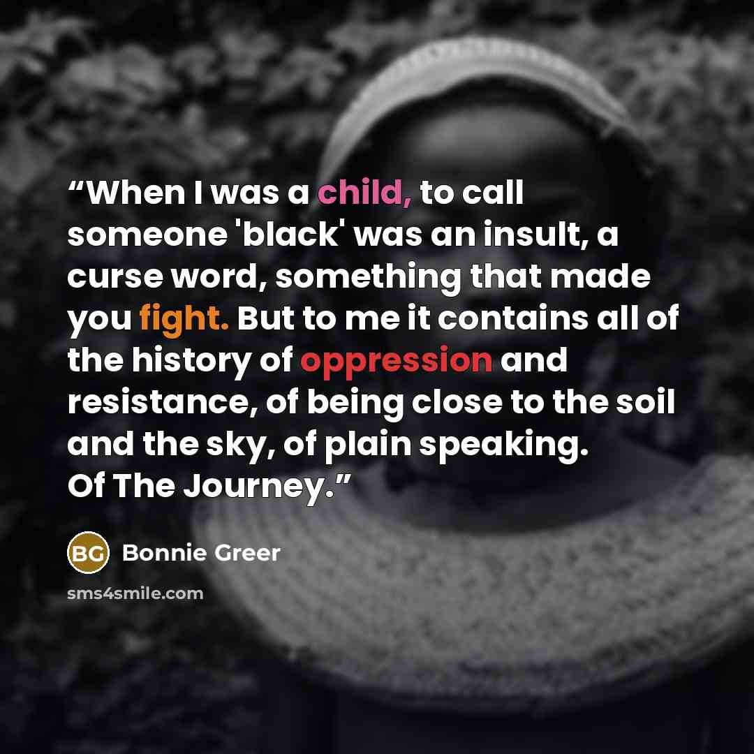 “When I was a child, to call someone 'black' was an insult, a curse word, something that made you fight. But to me it contains all of the history of oppression and resistance, of being close to the soil and the sky, of plain speaking. Of The Journey.” quote by Bonnie Greer