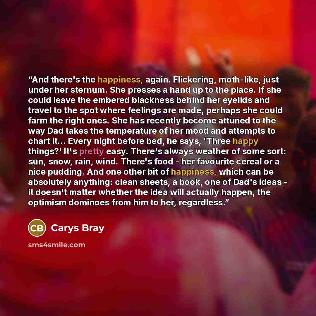 “And there's the happiness, again. Flickering, moth-like, just under her sternum. She presses a hand up to the place. If she could leave the embered blackness behind her eyelids and travel to the spot where feelings are made, perhaps she could farm the right ones. She has recently become attuned to…” quote by Carys Bray