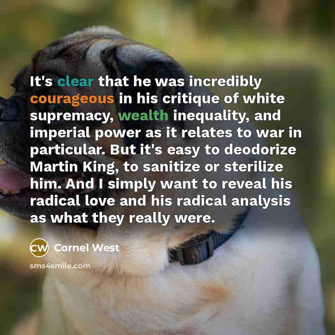 “It's clear that he was incredibly courageous in his critique of white supremacy, wealth inequality, and imperial power as it relates to war in particular. But it's easy to deodorize Martin King, to sanitize or sterilize him. And I simply want to reveal his radical love and his radical analysis as…” quote by Cornel West