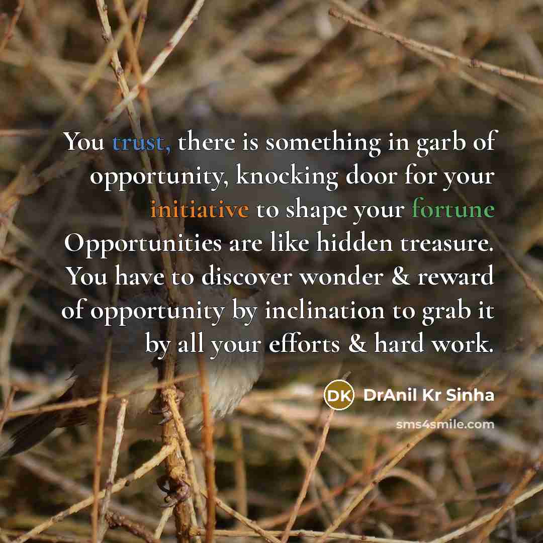 “You trust, there is something in garb of opportunity, knocking door for your initiative to shape your fortune Opportunities are like hidden treasure. You have to discover wonder & reward of opportunity by inclination to grab it by all your efforts & hard work.” quote by DrAnil Kr Sinha