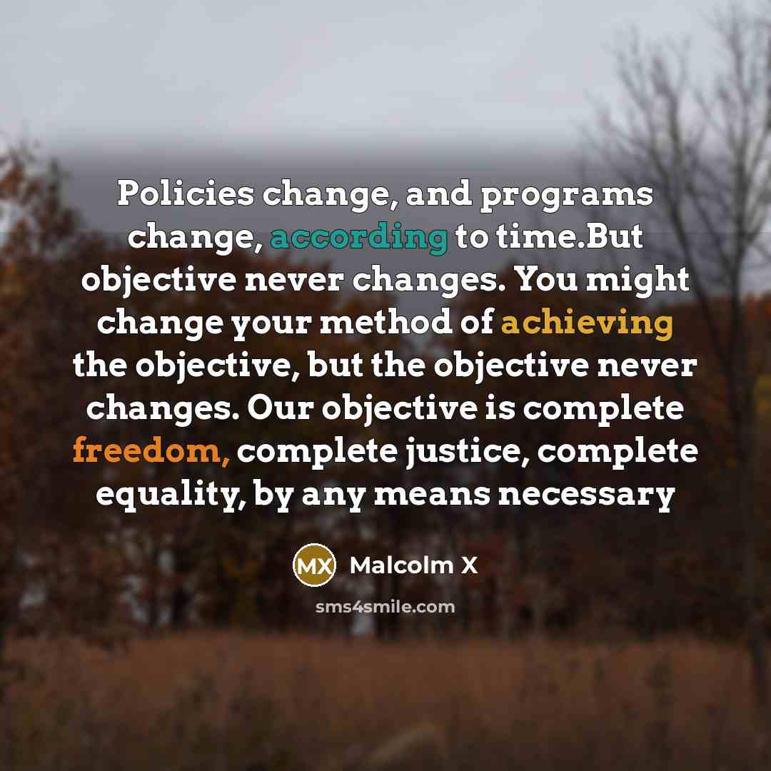 “Policies change, and programs change, according to time.But objective never changes. You might change your method of achieving the objective, but the objective never changes. Our objective is complete freedom, complete justice, complete equality, by any means necessary” quote by Malcolm X