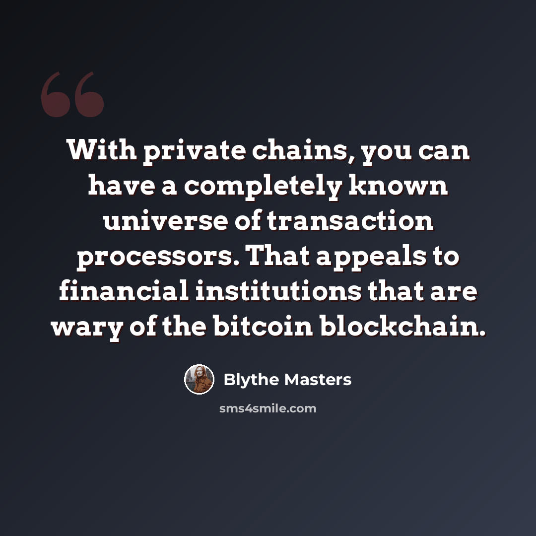 “With private chains, you can have a completely known universe of transaction processors. That appeals to financial institutions that are wary of the bitcoin blockchain.” quote by Blythe Masters