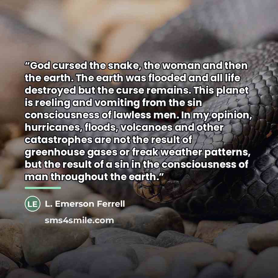 “God cursed the snake, the woman and then the earth. The earth was flooded and all life destroyed but the curse remains. This planet is reeling and vomiting from the sin consciousness of lawless men. In my opinion, hurricanes, floods, volcanoes and other catastrophes are not the result of…” quote by L. Emerson Ferrell