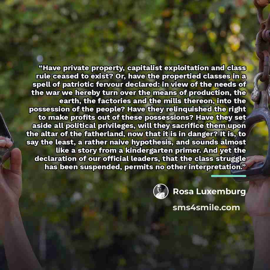 “Have private property, capitalist exploitation and class rule ceased to exist? Or, have the propertied classes in a spell of patriotic fervour declared: in view of the needs of the war we hereby turn over the means of production, the earth, the factories and the mills thereon, into the possession…” quote by Rosa Luxemburg