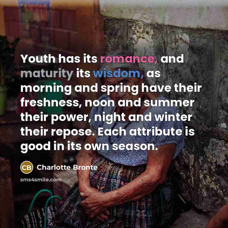 “Youth has its romance, and maturity its wisdom, as morning and spring have their freshness, noon and summer their power, night and winter their repose. Each attribute is good in its own season.” quote by Charlotte Bronte