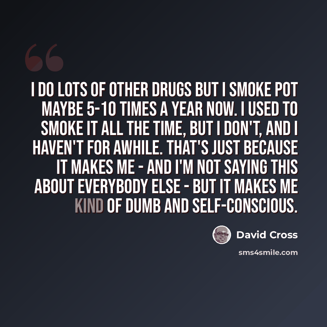 “I do lots of other drugs but I smoke pot maybe 5-10 times a year now. I used to smoke it all the time, but I don't, and I haven't for awhile. That's just because it makes me - and I'm not saying this about everybody else - but it makes me kind of dumb and self-conscious.” quote by David Cross