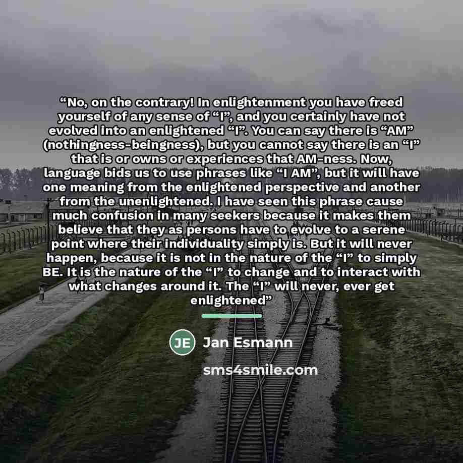 “No, on the contrary! In enlightenment you have freed yourself of any sense of “I”, and you certainly have not evolved into an enlightened “I”. You can say there is “AM” (nothingness-beingness), but you cannot say there is an “I” that is or owns or experiences that AM-ness. Now, language bids us to…” quote by Jan Esmann