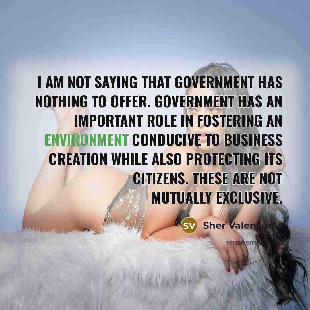 “I am not saying that government has nothing to offer. Government has an important role in fostering an environment conducive to business creation while also protecting its citizens. These are not mutually exclusive.” quote by Sher Valenzuela