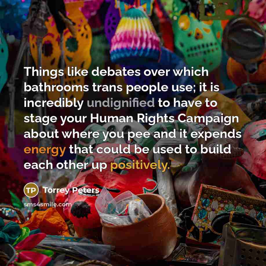 “Things like debates over which bathrooms trans people use; it is incredibly undignified to have to stage your Human Rights Campaign about where you pee and it expends energy that could be used to build each other up positively.” quote by Torrey Peters