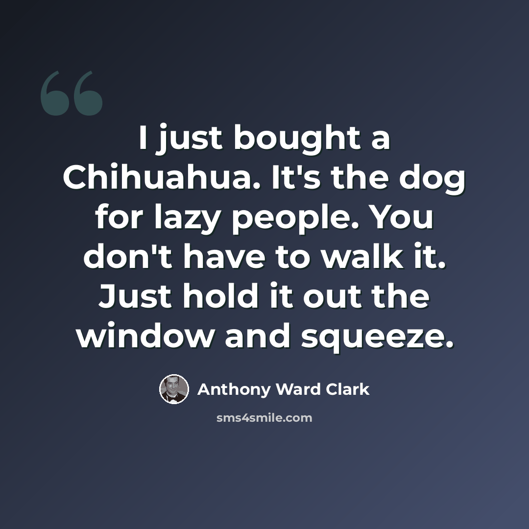“I just bought a Chihuahua. It's the dog for lazy people. You don't have to walk it. Just hold it out the window and squeeze.” quote by Anthony Ward Clark
