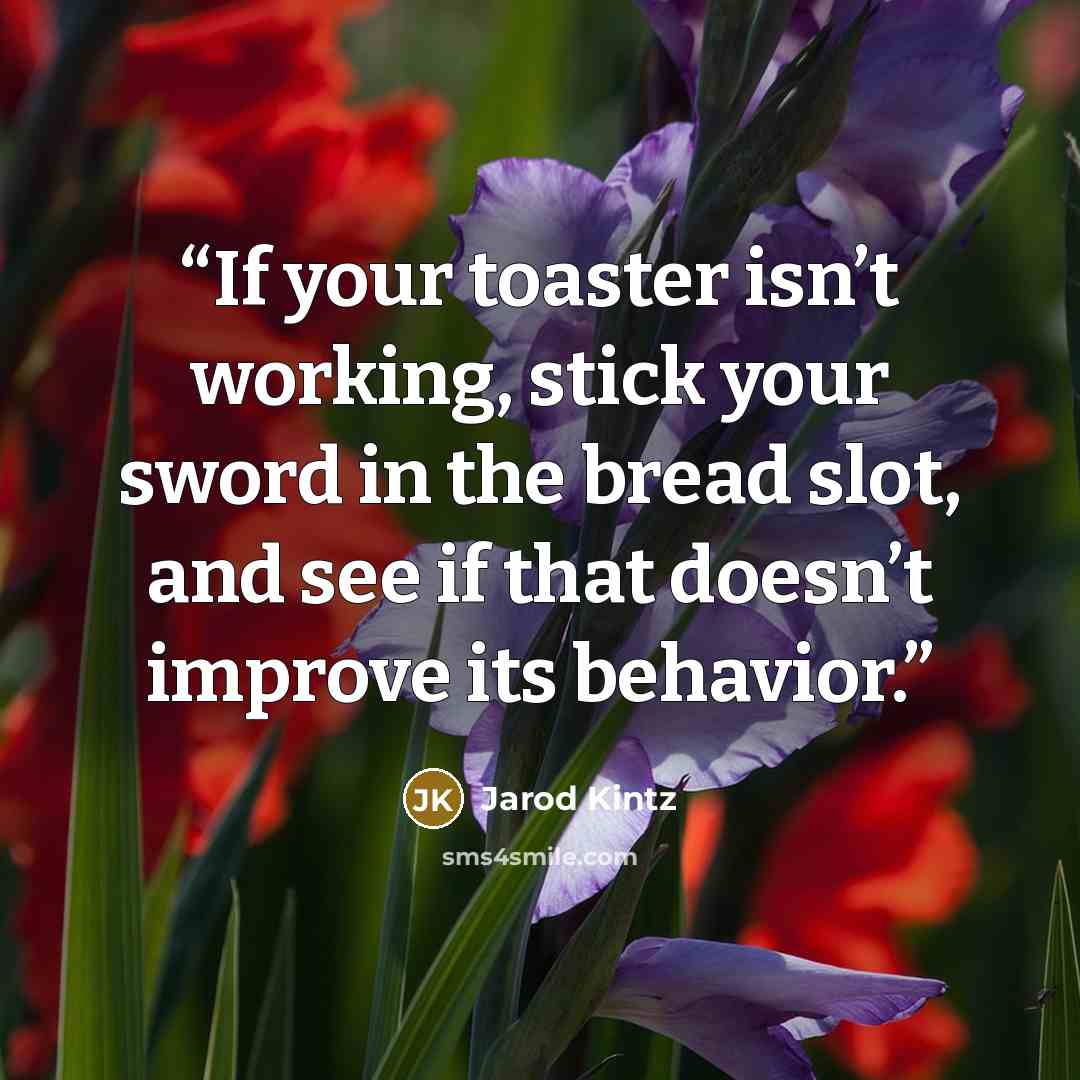 “If your toaster isn’t working, stick your sword in the bread slot, and see if that doesn’t improve its behavior.” quote by Jarod Kintz