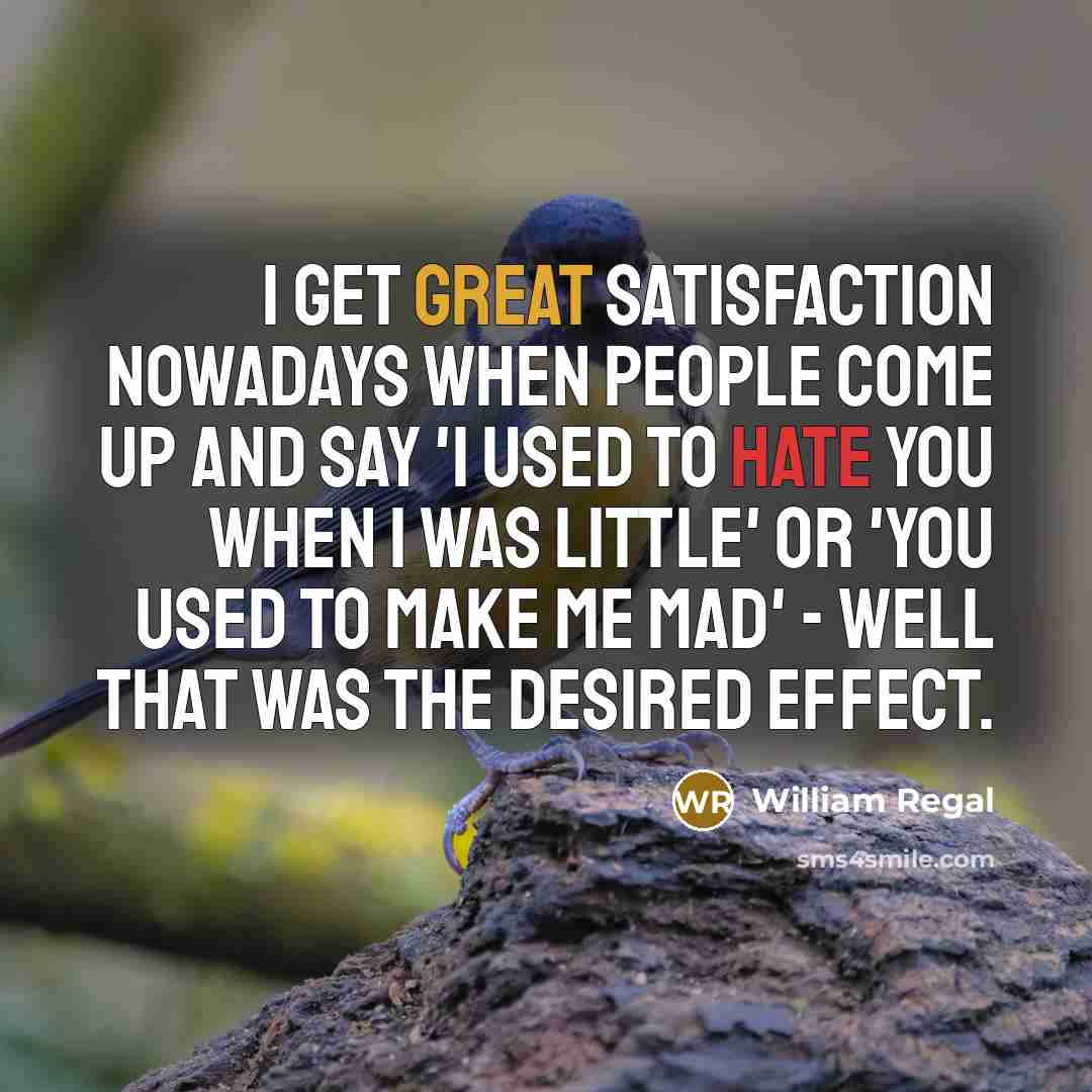 “I get great satisfaction nowadays when people come up and say 'I used to hate you when I was little' or 'you used to make me mad' - well that was the desired effect.” quote by William Regal
