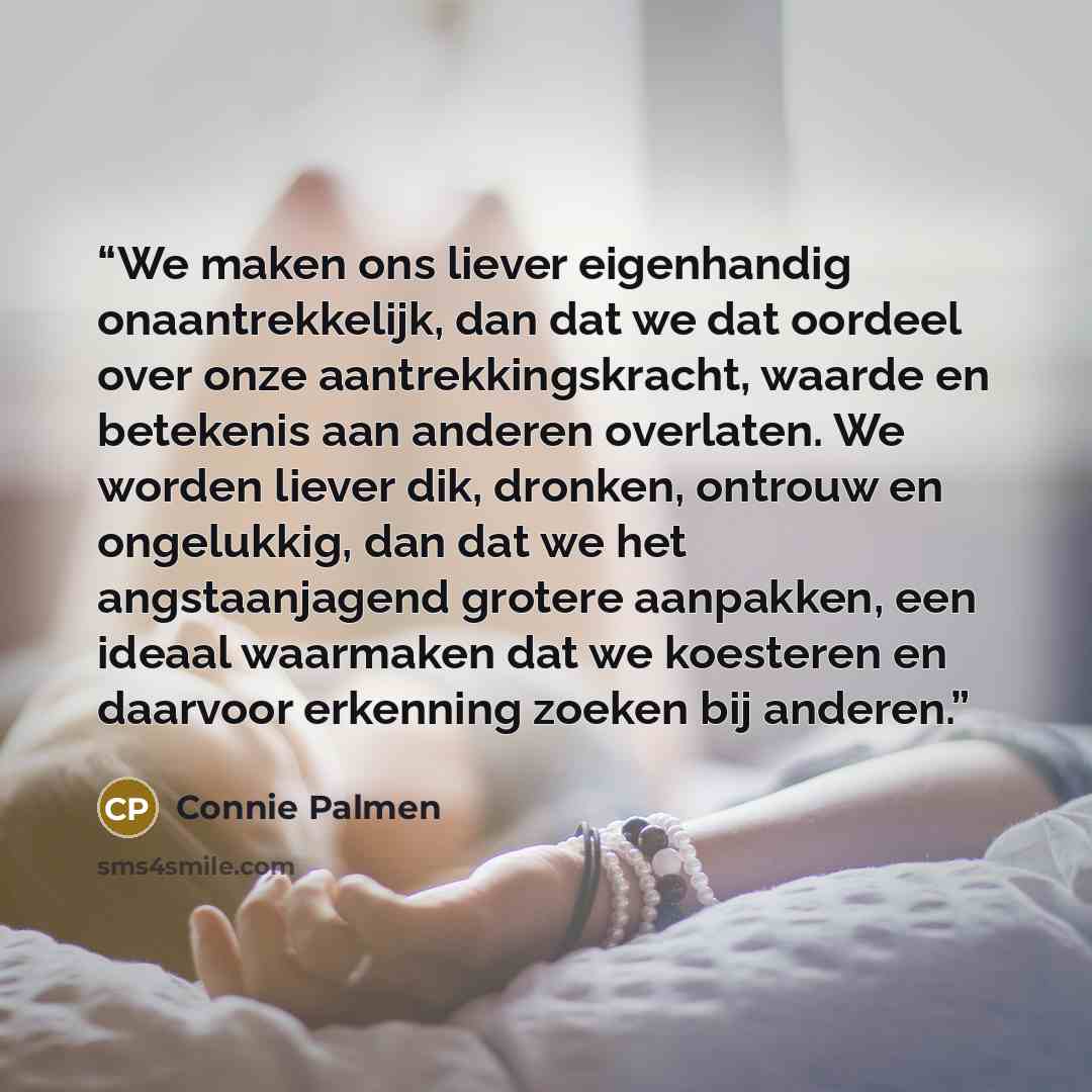 “We maken ons liever eigenhandig onaantrekkelijk, dan dat we dat oordeel over onze aantrekkingskracht, waarde en betekenis aan anderen overlaten. We worden liever dik, dronken, ontrouw en ongelukkig, dan dat we het angstaanjagend grotere aanpakken, een ideaal waarmaken dat we koesteren en daarvoor…” quote by Connie Palmen